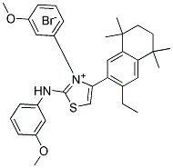 4-(3-ethyl-5,5,8,8-tetramethyl-5,6,7,8-tetrahydronaphthalen-2-yl)-2-(3-methoxyanilino)-3-(3-methoxyphenyl)-1,3-thiazol-3-ium bromide Struktur