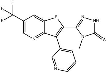 4-METHYL-5-[3-(3-PYRIDINYL)-6-(TRIFLUOROMETHYL)THIENO[3,2-B]PYRIDIN-2-YL]-4H-1,2,4-TRIAZOL-3-YLHYDROSULFIDE Struktur