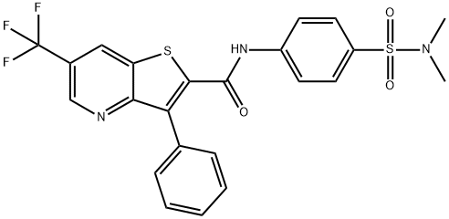 N-(4-[(DIMETHYLAMINO)SULFONYL]PHENYL)-3-PHENYL-6-(TRIFLUOROMETHYL)THIENO[3,2-B]PYRIDINE-2-CARBOXAMIDE Struktur