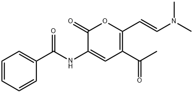 N-(5-ACETYL-6-[2-(DIMETHYLAMINO)VINYL]-2-OXO-2H-PYRAN-3-YL)BENZENECARBOXAMIDE Struktur