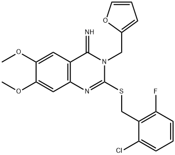 2-[(2-CHLORO-6-FLUOROBENZYL)SULFANYL]-3-(2-FURYLMETHYL)-6,7-DIMETHOXY-4(3H)-QUINAZOLINIMINE Structure
