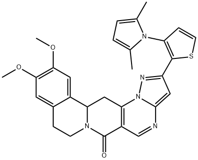 2-[3-(2,5-DIMETHYL-1H-PYRROL-1-YL)-2-THIENYL]-11,12-DIMETHOXY-8,9,13B,14-TETRAHYDRO-6H-PYRAZOLO[5'',1'':2',3']PYRIMIDO[4',5':4,5]PYRIDO[2,1-A]ISOQUINOLIN-6-ONE Struktur