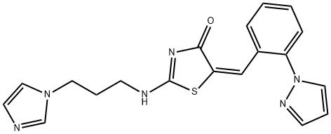 2-([3-(1H-IMIDAZOL-1-YL)PROPYL]AMINO)-5-((E)-[2-(1H-PYRAZOL-1-YL)PHENYL]METHYLIDENE)-1,3-THIAZOL-4(5H)-ONE Struktur