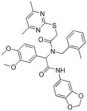 N-(BENZO[D][1,3]DIOXOL-5-YL)-2-(3,4-DIMETHOXYPHENYL)-2-(2-(4,6-DIMETHYLPYRIMIDIN-2-YLTHIO)-N-(2-METHYLBENZYL)ACETAMIDO)ACETAMIDE Struktur