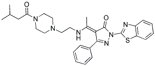 (E)-1-(BENZO[D]THIAZOL-2-YL)-4-(1-(2-(4-(3-METHYLBUTANOYL)PIPERAZIN-1-YL)ETHYLAMINO)ETHYLIDENE)-3-PHENYL-1H-PYRAZOL-5(4H)-ONE Struktur