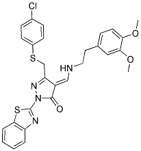 (E)-1-(BENZO[D]THIAZOL-2-YL)-3-((4-CHLOROPHENYLTHIO)METHYL)-4-((3,4-DIMETHOXYPHENETHYLAMINO)METHYLENE)-1H-PYRAZOL-5(4H)-ONE Struktur