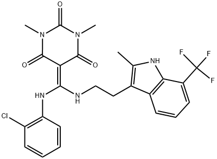 5-((2-CHLOROPHENYLAMINO)(2-(2-METHYL-7-(TRIFLUOROMETHYL)-1H-INDOL-3-YL)ETHYLAMINO)METHYLENE)-1,3-DIMETHYLPYRIMIDINE-2,4,6(1H,3H,5H)-TRIONE|