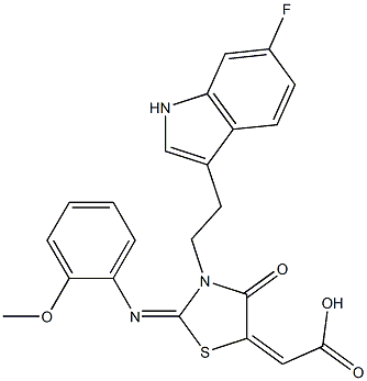 (2Z)-{(2E)-3-[2-(6-FLUORO-1H-INDOL-3-YL)ETHYL]-2-[(2-METHOXYPHENYL)IMINO]-4-OXO-1,3-THIAZOLIDIN-5-YLIDENE}ACETIC ACID Struktur